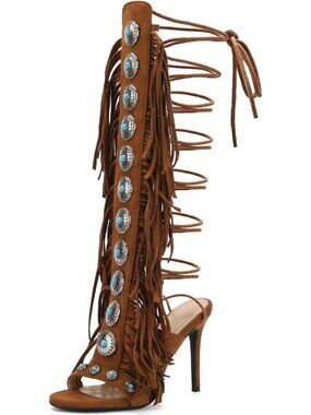 Women Gladiator Sandal Boot Knee High Stiletto Heel Suede Fringe Strappy Lace Up